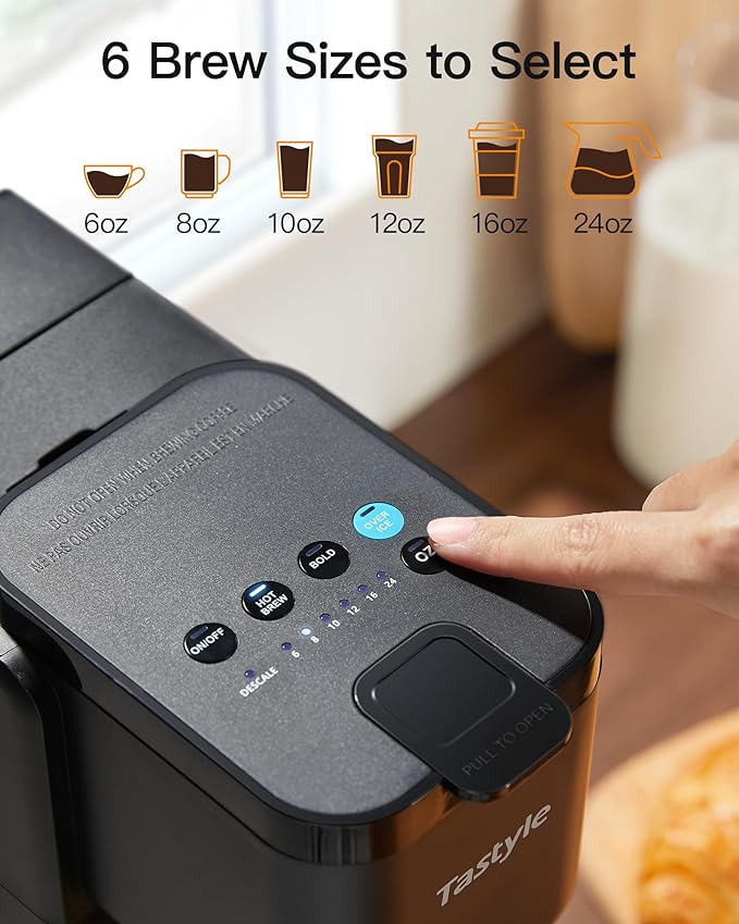 Single Serve Hot & Iced Coffee Maker with Strong Brew, 40oz Removable Reservoir, 6 Brew Sizes, Compatible with K Cup and Grounds, Compact for Home, Office, RV and Dorm, Black (2.0 Version)