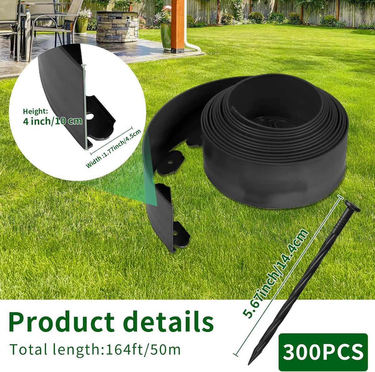 4 in x 164 Ft Garden Landscape Edging, No Dig Garden Edging Border Kit with 300 Pcs Spikes for Flower Bed Lawn Yard Grass Black