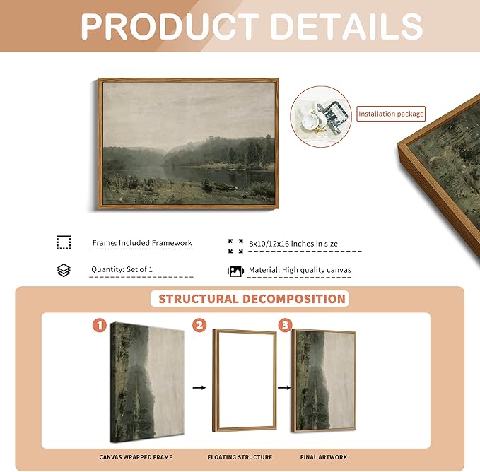 Floating Framed Canvas Wall Art, Vintage Wild Field Oil Painting Pictures Prints, Modern Farmhouse Natural landscape Wall Decor for Living Room Bedroom Dining Room Office Decor 8x10 inch
