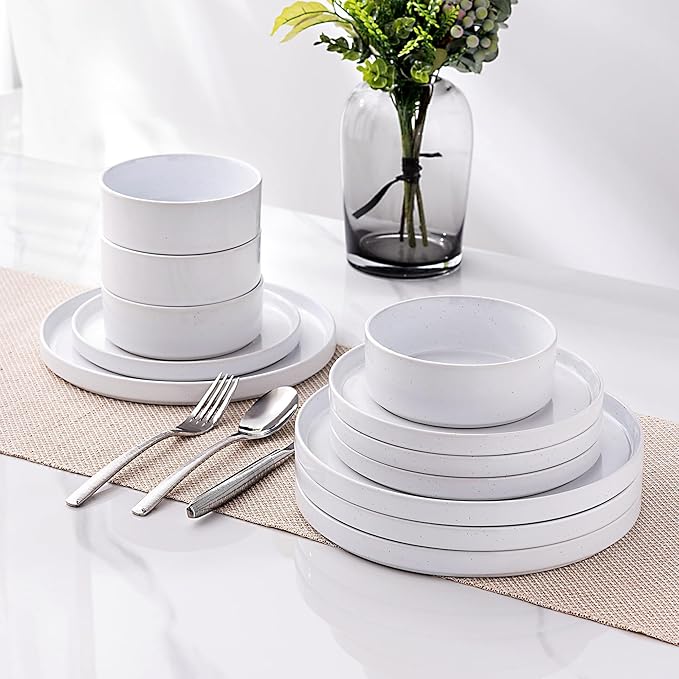 GBHOME Dinnerware Set for 4, 12 Piece Speckled Plates and Bowls Set with Glazed Bottom, Chip & Scratch Resistant Stoneware Plates Sets, Dishwasher & Microwave Safe Dishes (White, Service for 4)
