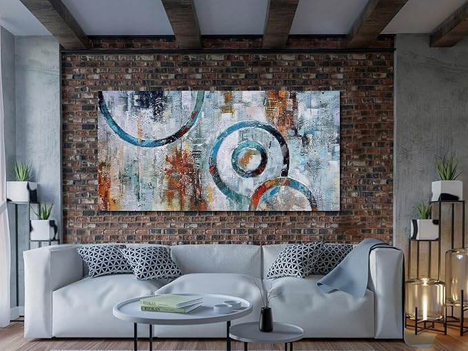 Arjun Abstract Wall Art Geometric Canvas Circle Painting Modern Grey Brown Picture Simple Artwork Framed for Bedroom Living Room Bathroom Home Office Wall Décor, Large Size 48"x24"