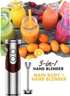 Megawise 3-in-1 Hand Blender – 12-Speed, Includes Powerful Blender Stick, Whisk, and Milk Frother – Easy to Clean and Perfect for Smoothies, and More (Red)