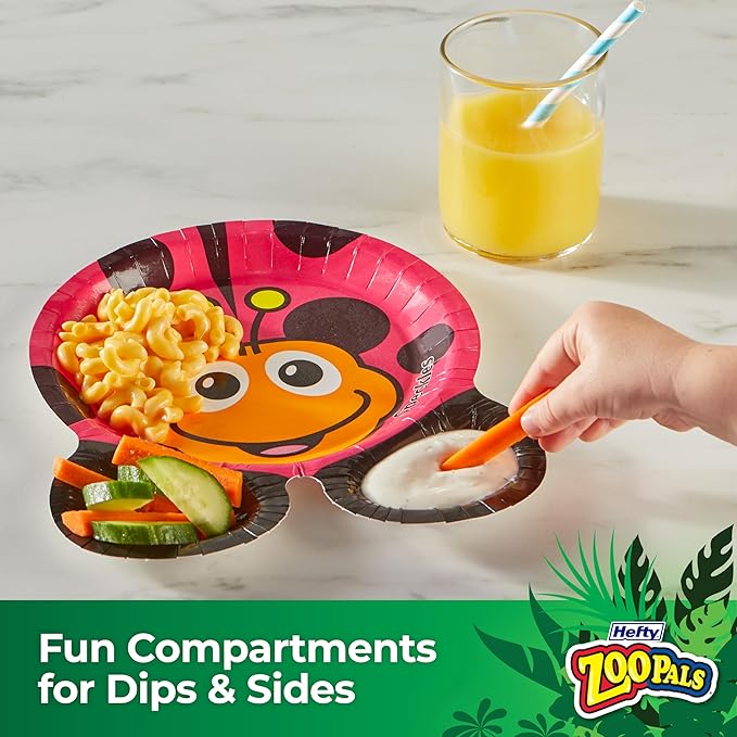 Hefty Zoo Pals Party Edition Paper Plates for Kids, Assorted Animal Designs, 7.75 Inches with Two Dipping Compartments, 20 Count (Pack of 2)