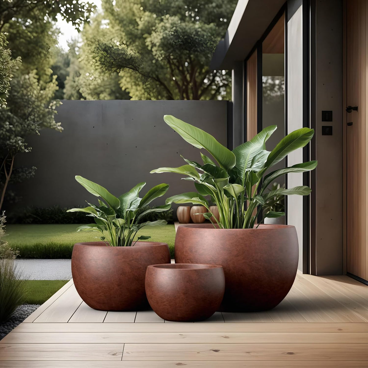Kante 19.9",15.7",11.8" Dia Round Concrete Planter Set of 3, Outdoor/Indoor Large Bowl Plant Pots with Drainage Hole and Rubber Plug for Garden Patio Balcony Home, Rusty