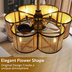 Ceiling Fans with 6-Bulb Lights and Remote, Flower Shaped Ceiling Light with 6 Adjustable Speed and for Bedroom, Kitchen and Living Room, Rattan Shade
