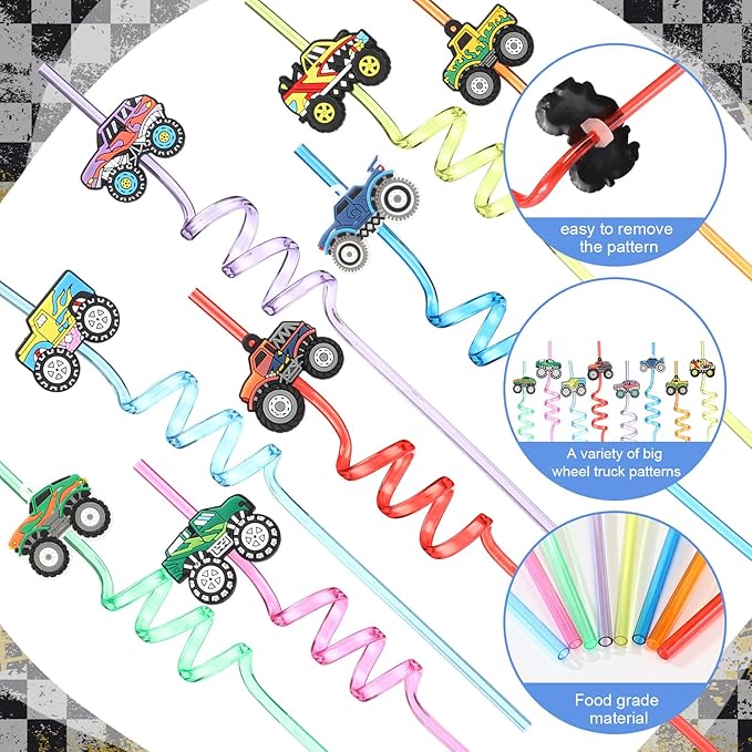 Yungyan 36 Sets Monster Truck Party Favors Goodie Cups with Lids and Straws for Birthday Decorations Reusable 16oz Plastic Candy Cups Plastic Straws for Birthday Party (Truck)