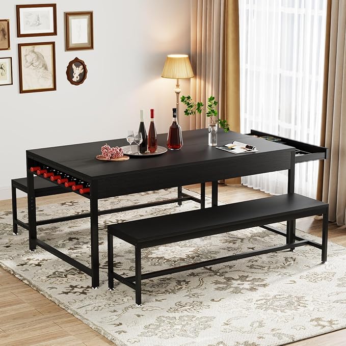 Loomie 63" Dining Table Set for 4-6, 3-Piece Kitchen Table with 2 Utensil Drawers, 2 Benches & Wine Rack, Modern Space Saving & Heavy Duty Dinner Table Set with Metal Frame & MDF Board,Black