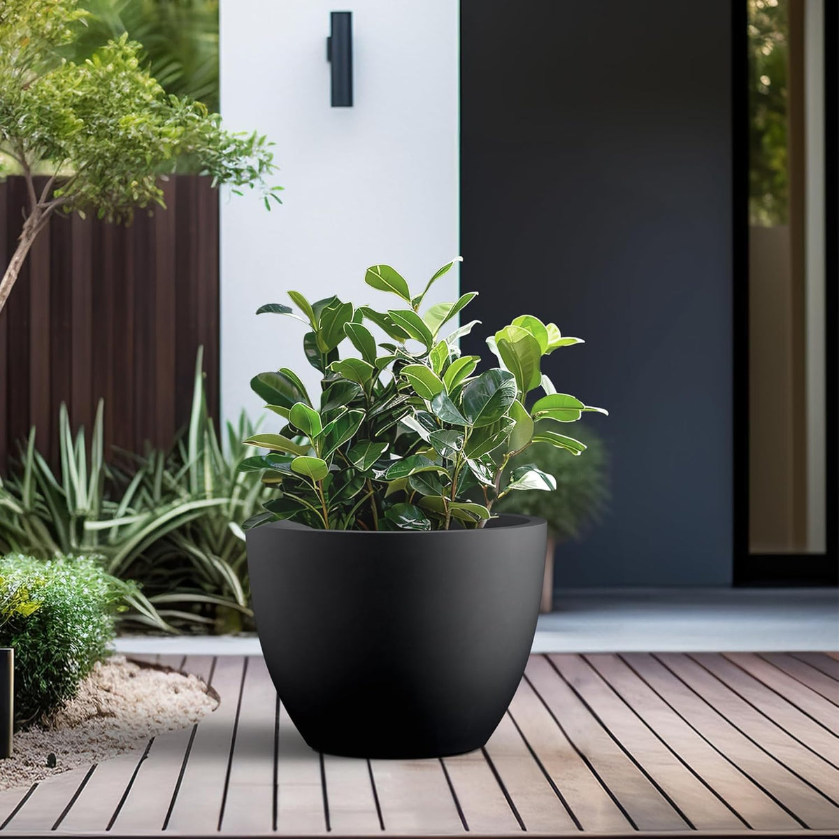 Kante 17.3 Inch Round Concrete Planter - Classic Large Indoor/Outdoor Plant Pot with Drainage Hole and Rubber Plug, Suitable for Gardens and Patios, Black