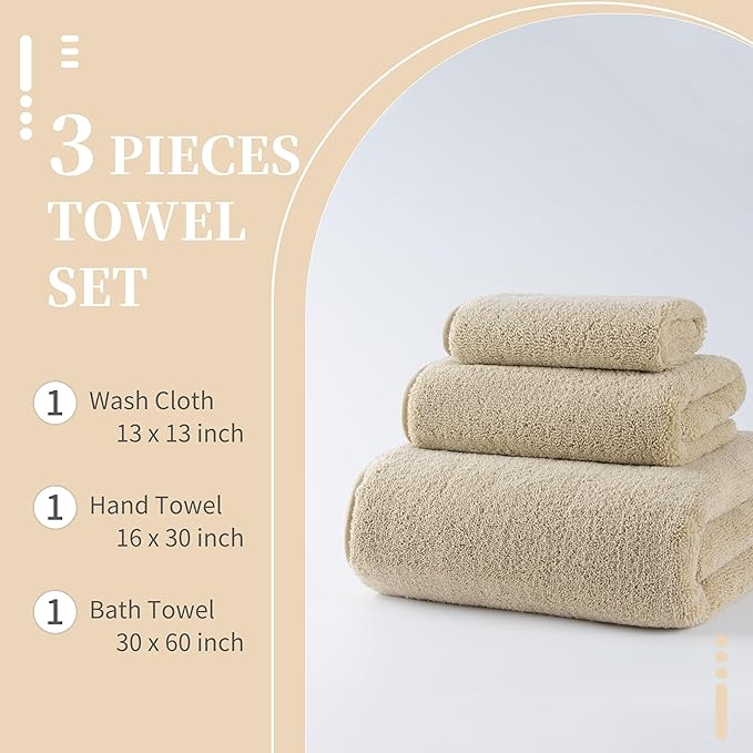 New Microfiber Bath Towel Set, 3 Piece, Oversize, Quick Dry, Lint Free, Includes Body, Hand and Face Towels