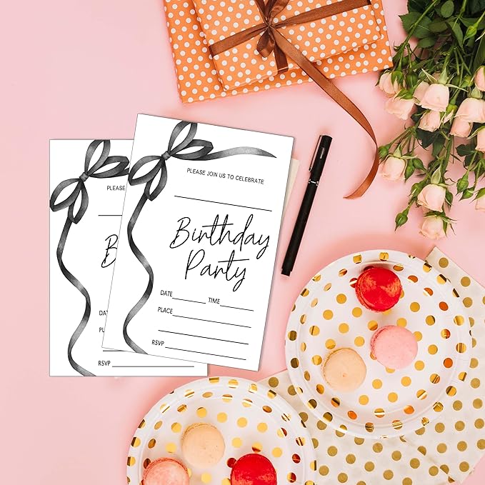 SIXEIGHT Black Bow Birthday Invitations, Black Ribbon Bow Birthday Party Invitations, 20 Party Invitations with Envelopes for Girls Boys, Birthday Party Favor & Decoration (4"x6")-A03