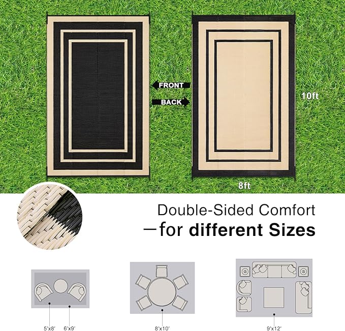 OLANLY Outdoor Rug 8x10 ft Waterproof, Reversible Outdoor Plastic Straw Rug, RV Mat, Indoor Outdoor Carpet Clearance for Patio, Camping, Balcony, Deck, Backyard, Black & Beige