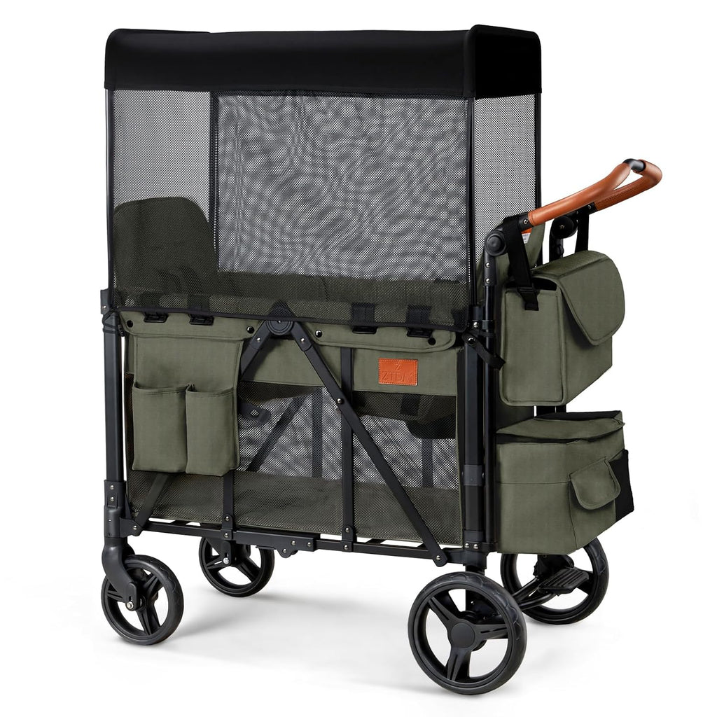Wagon Stroller for 2 Kids, High Seat & 5 Point Harness, Foldable All-Terrain Wagon for Toddler with Canopy, Parent Organizer, Shoulder Bag, Adjustable Handlebar, Ultimate Double (Green)