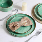 LIANYU 16 Piece Dinnerware Sets with Double Bowls, Plates and Bowls Dish Set for 4, Ceramic Dinner Ware Dishware for Kitchen Dining, Microwave & Dishwasher Safe, Emerald Green