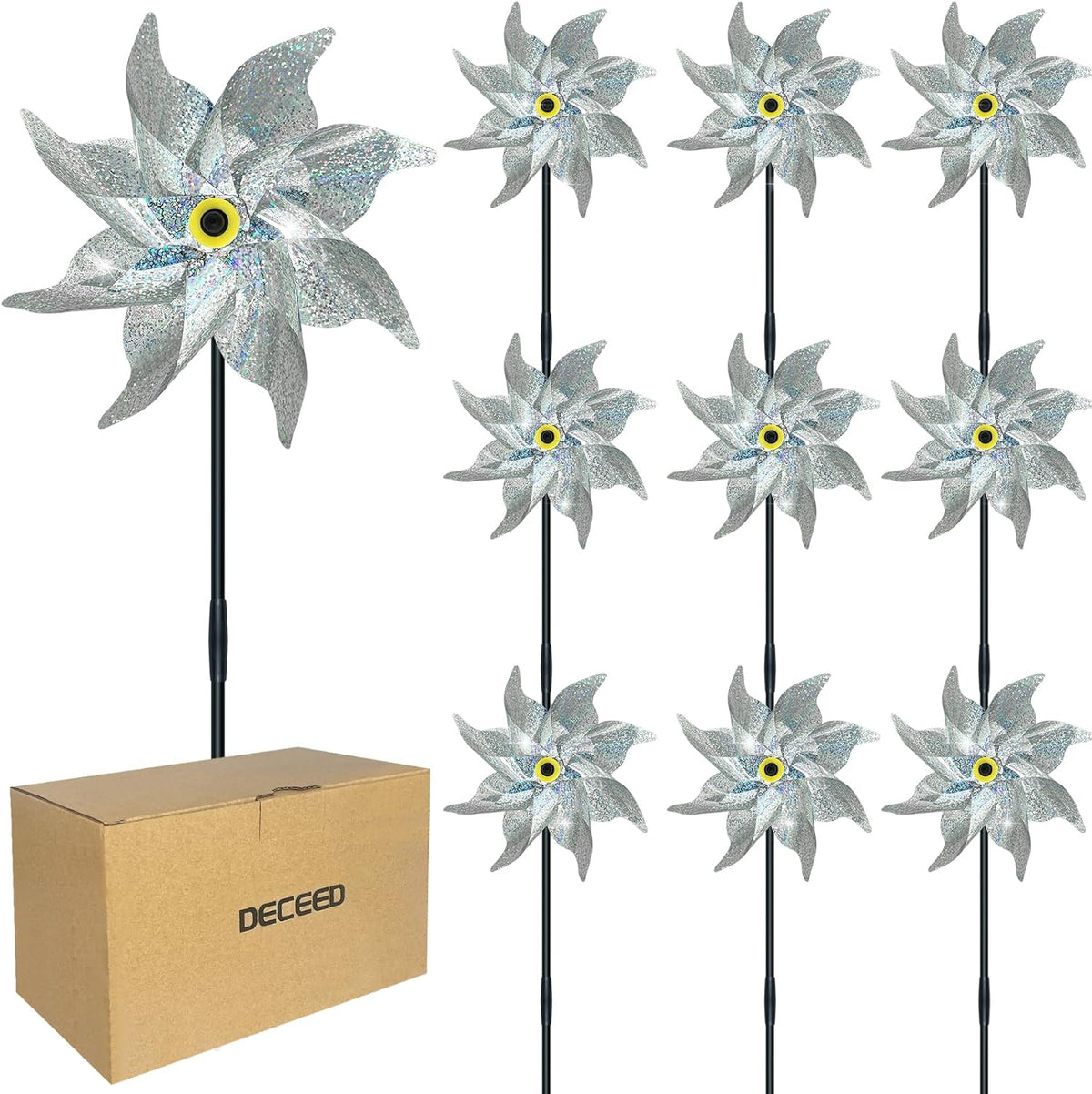 10 PCS Reflective Pinwheels for Yard and Garden Bird Devices Pre-Installed Sparkly Wind Spinner Deterrent to Scare Birds Away from Yard Patio Farm (Silver)