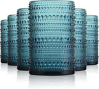 Hobnail Drinking Glasses Set of 6, Vintage Colored Glassware 14.5oz, Tall Beverage Glass Cups for Water, Juice, Cocktail (Blue)