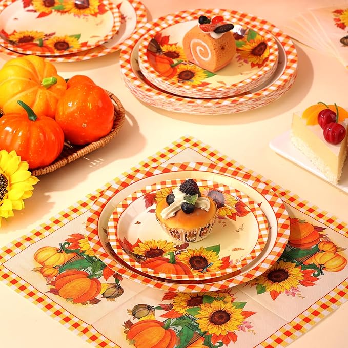 Sunflower Plates and Napkins Set for 50 Guests – Disposable Fall Party Supplies, Pumpkin Design for Sunflower Thanksgiving Party Decoration