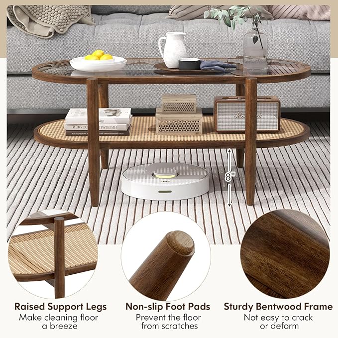 MAT EXPERT Rattan Coffee Table, 2 Tier Boho Oval Living Room Table w/Glass Tabletop Wood Frame & Storage Shelf, 40’’L Mid Century Modern Tea Table, Center Table for Living Room Home Office, Brown