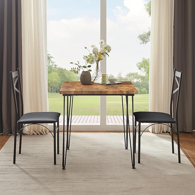 VECELO Kitchen Dining Room Table Set with 2 Chairs for Small Space, Apartment,Metal Steel Frame