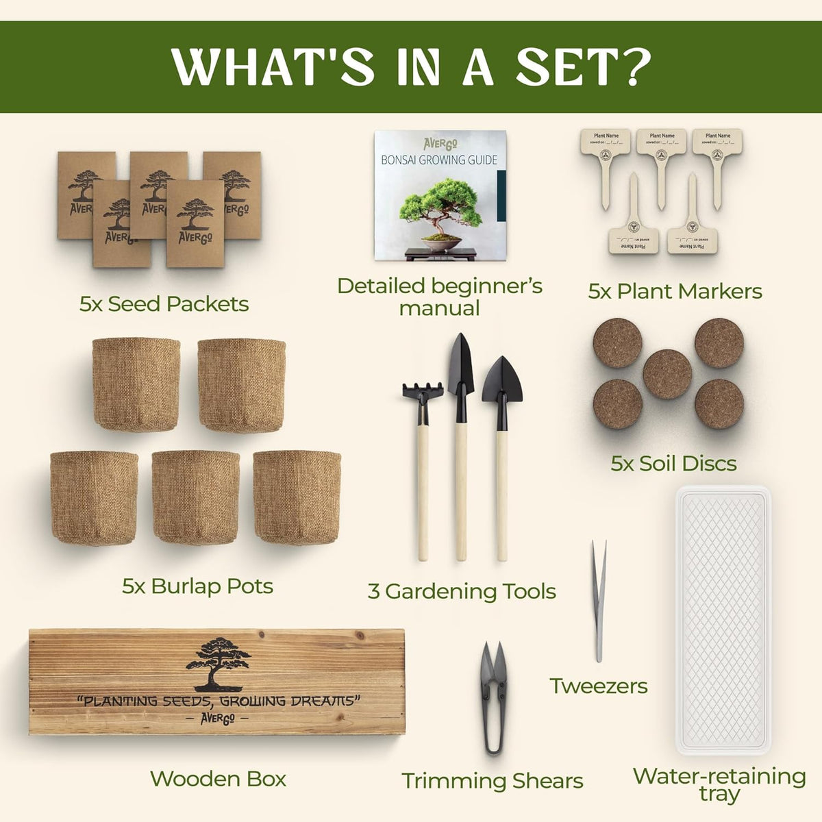 AVERGO Bonsai Tree Kit for Beginners – 5X Unique Japanese Bonzai Trees | Complete Indoor Starter Kit for Growing Bonsai Plants with Tools & Planters – Gardening Gifts for Women & Men