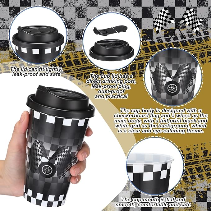 Yungyan 16 Sets Checkered Flag Party Favors Goodie Cups with Lids and Straws for Birthday Decorations Reusable 16oz Plastic Candy Cups Plastic Straws for Birthday Party (Checkered Flag)