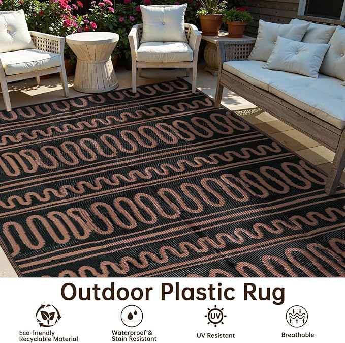 Beeiva Outdoor Rug 8x10 Patio Waterproof, Reversible 8x10 Outdoor Rug for Patio, Washable Outdoor Plastic Straw Rug for Deck, Balcony, Backyard, Porch, Camping, Picnic - Black/Brown