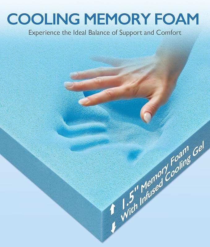 SINWEEK 1.5 Inch Full Size Cooling Memory Foam Mattress Topper for Pressure Relief, Thick Bed Mattress Pad with Cooling Soft Cover and Adjustable Straps, CertiPUR-US Certified