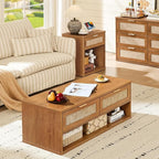 LEYAOYAO 48" Farmhouse Boho Rattan Coffee Table with 2 Woven Drawers,Rectangular Coffee Tables with Hidden Storage Compartment,Curved Profile Design,Wooden Center Table for Living Room,Office,Brown