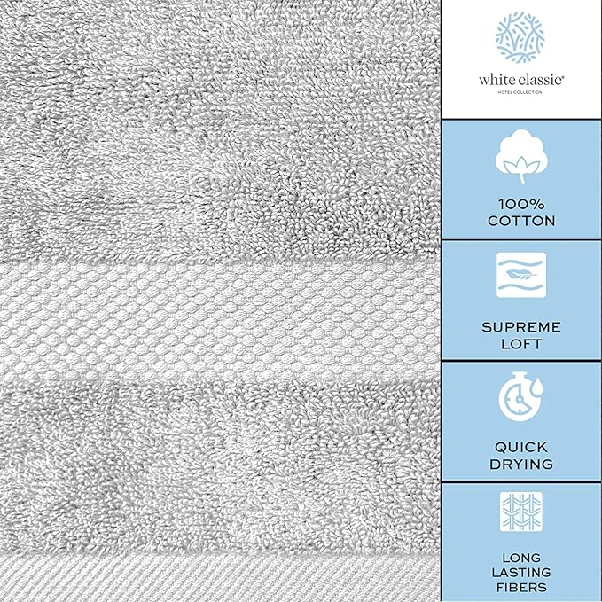 White Classic Luxury Bath Towels Set of 4 Large - 700 GSM Cotton Ultra Soft Bath Towels 27x54 | Highly Absorbent and Quick Dry | Hotel Towels for Bathroom Luxury, Plush Shower Towels, Silver