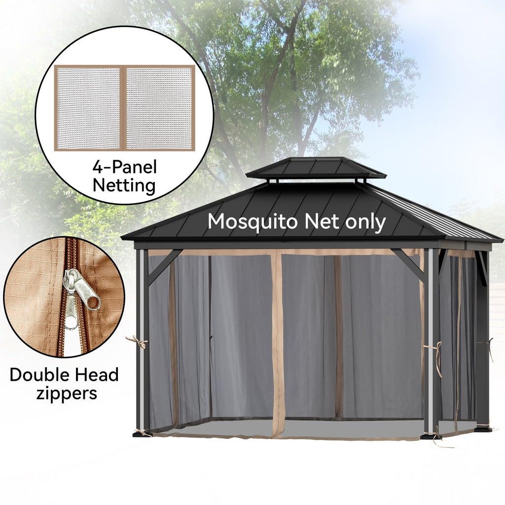 Covered Outdoor Gazebo Mosquito Netting Replacement Universal 4-Panel Sidewalls 11' x 13', Outdoor Gazebo Mosquito Nettings with Double Zipper, Replacement for Patio Canopy, Garden (Mosquito Net Only)