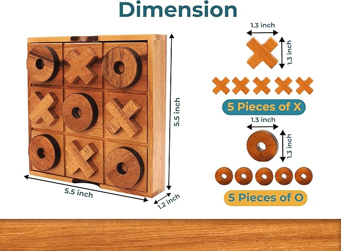 BSIRI Wooden Tic Tac Toe Game - Brain Teaser Puzzles for Adults Kids Games and Unique Gifts for Kids, Coffee Table Decor Living Room Decor Modern Wood Decor (5.5 Inch)