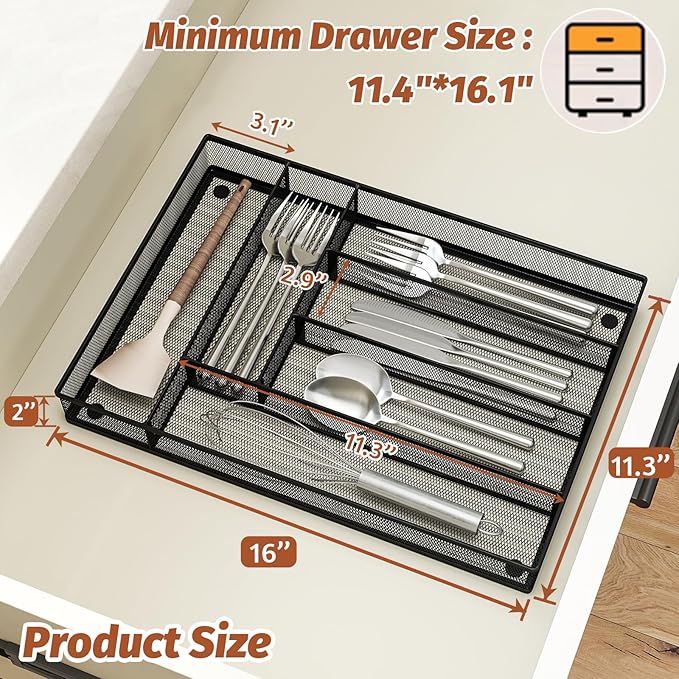 Silverware Organizer Metal Mesh, Large Drawer Organizer, Utensil Cutlery Tray for kitchen drawers, Flatware Organizer with 6 Compartment, Black (11.3”*16“)
