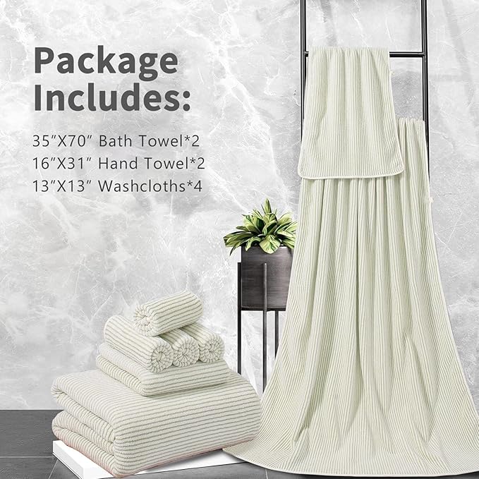 8-Piece Premium Towel Set for Bathroom|2 Oversized Large Bath Sheet,2 Hand Towels,4 Washcloths|Soft Cozy Highly Absorbent Fast Dry Microfiber Shower Towel Set for Hotel Bathroom Essentials,Green White