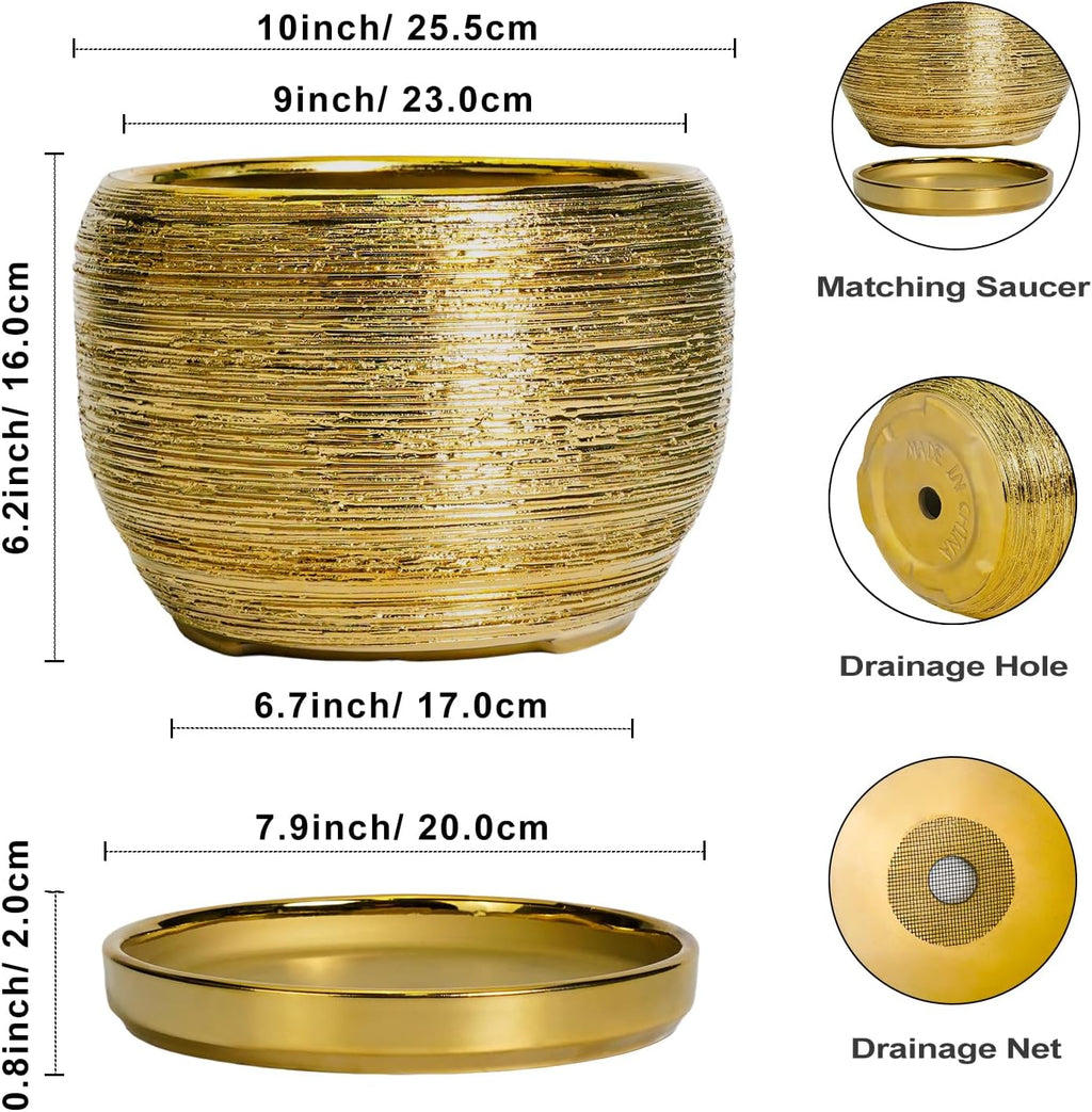 SQOWL Ceramic Planter for Indoor Plants - 10 Inch Plant Pot with Drainage Hole and Saucer, Modern Round Planter Outdoor, Large Decorative Flower Pot, Apartment Decor, Birthday Gifts, Gold