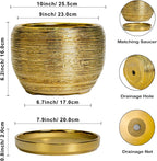 SQOWL Ceramic Planter for Indoor Plants - 10 Inch Plant Pot with Drainage Hole and Saucer, Modern Round Planter Outdoor, Large Decorative Flower Pot, Apartment Decor, Birthday Gifts, Gold
