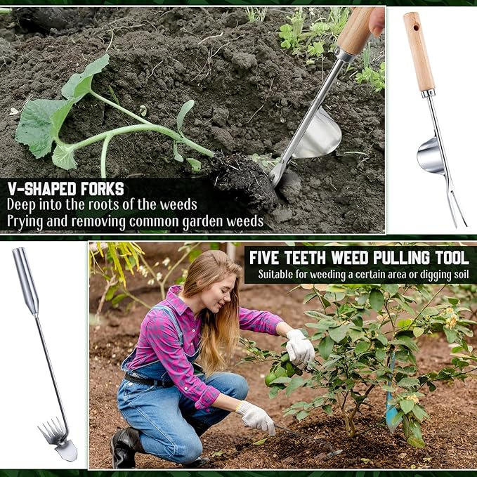 Yungyan 5 Pcs Weed Puller Set Include Dandelion Fork Weeding Knife Tool Hand Trowel 5 Teeth Weeding Tool L Shape Gardening Crack Sickle Tool Hoe for Garden Lawn Grass Moss Removal Backyard