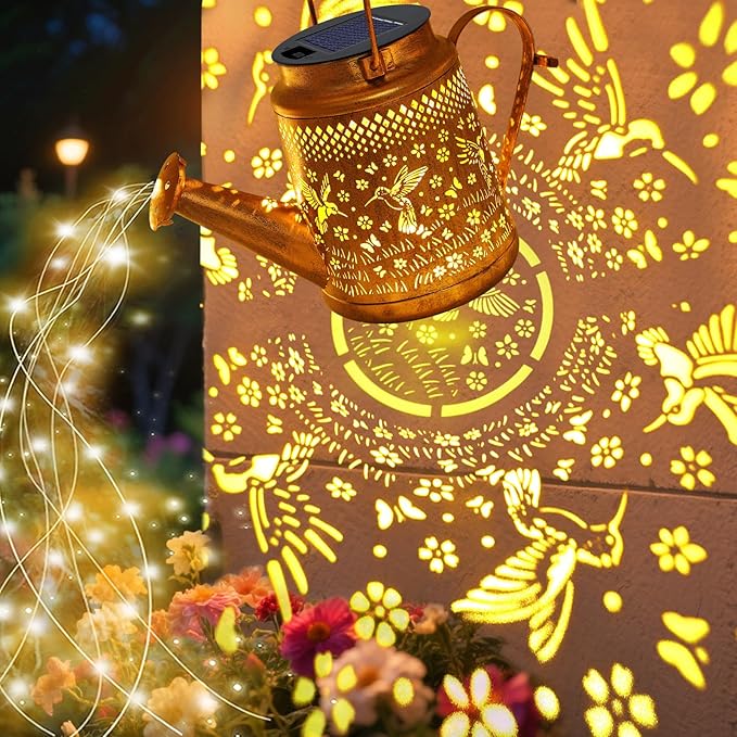 VOOKRY 2 Pack Hummingbird Metal Solar Watering Can Lights, Solar Lights Outdoor Waterproof, Gifts for Women Mom Mother's Day, Hanging Lanterns Decorative Garden Decor for Outside Yard Patio Lawn