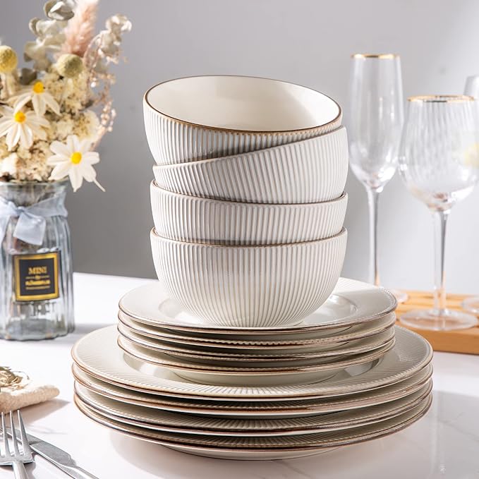 GBHOME Ceramic Dinnerware Sets,12 pcs Embossed Elegant Stoneware Plates and Bowls Sets, Housewarming Wedding Gift | Dishwasher & Microwave Safe | Dishes Set Service for 4