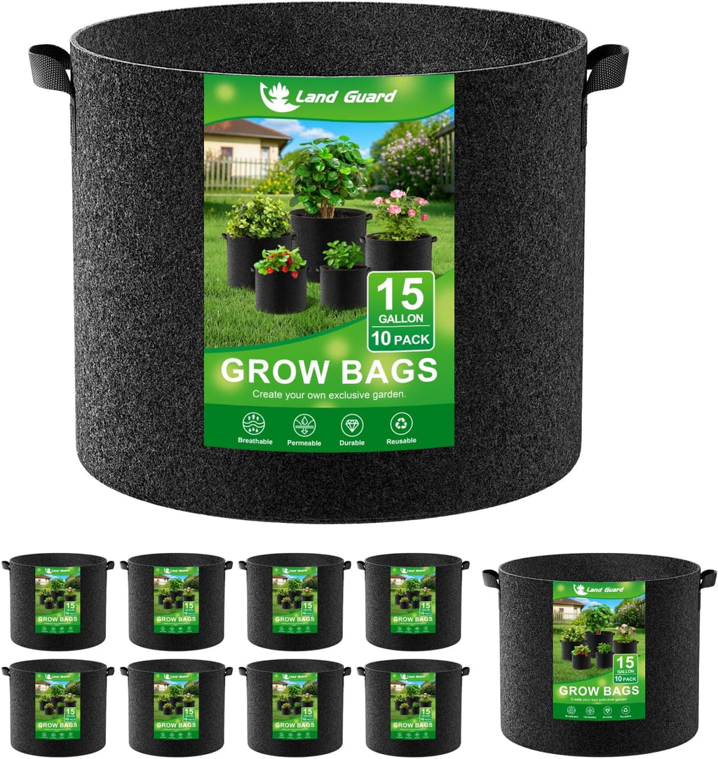 Land Guard 10-Pack Fabric Grow Bags 15 Gallon, Thickened Nonwoven Garden Pots, Growing Bags with Handles, Black