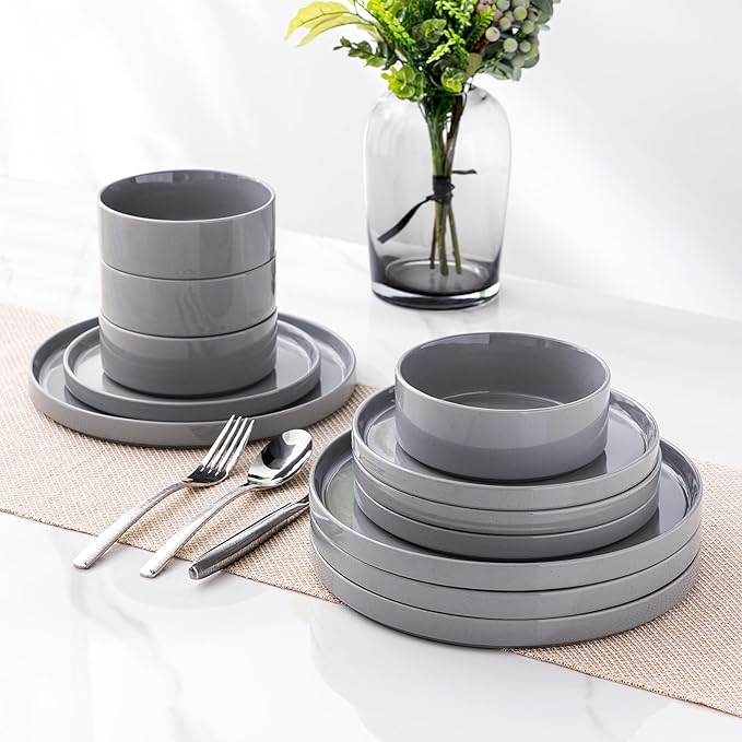 GBHOME Dinnerware Set for 4, 12 Piece Speckled Plates and Bowls Set with Glazed Bottom, Chip & Scratch Resistant Stoneware Plates Sets, Dishwasher & Microwave Safe Dishes (Limestone, Service for 4)