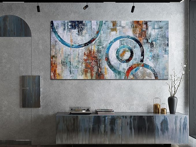 Arjun Abstract Wall Art Geometric Canvas Circle Painting Modern Grey Brown Picture Simple Artwork Framed for Bedroom Living Room Bathroom Home Office Wall Décor, Large Size 48"x24"