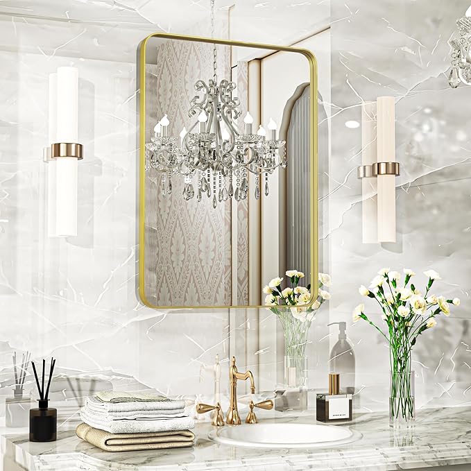 20×28 Glod Bathroom Mirror, Rectangular Bathroom Vanity Mirror for Wall with Rounded Corners & Aluminum Alloy Frame, Tempered-Glass, Modern, Farmhouse, Horizontal/Vertical, Entryway, Bedroom