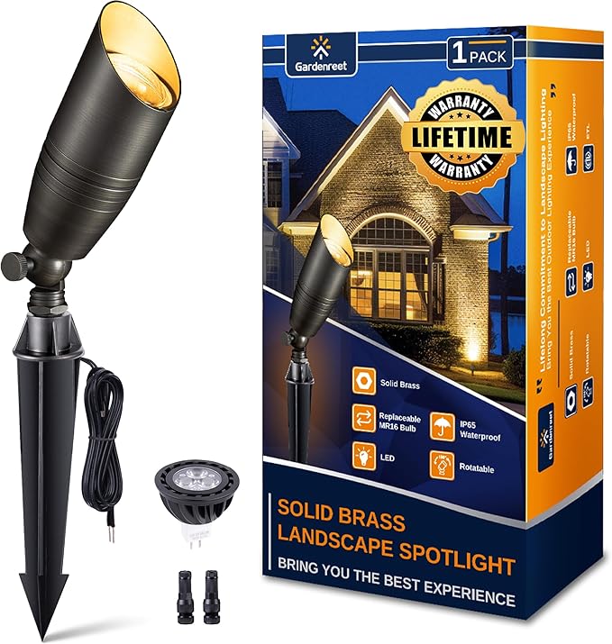 Landscape Spotlights Low Voltage - Brass 12V Outdoor Uplight LED, Wired Spot Lights IP65 Waterproof, Antique Bronze for Exterior Garden Yard Tree House with 5W 2700K Warm White MR16 Bulb