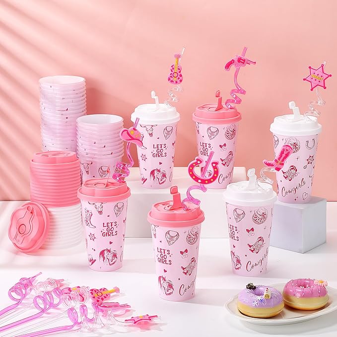 Yungyan 16 Sets Pink Cowgirl Party Favors Goodie Cups with Lids and Straws for Halloween Party Decorations Reusable 16oz Plastic Candy Cups Plastic Straws for Birthday Gift(Pink Cowgirl)