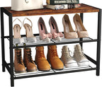 Yusong Shoe Rack Organizer, 3 Tier Industrial Shoe Storage Shelf for Closet Entryway, Narrow Sturdy Metal Shoe Shelves, Rustic Brown