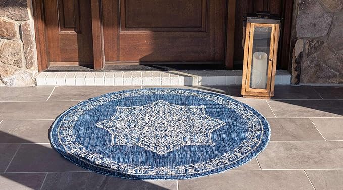 Unique Loom Outdoor Traditional Collection Area Rug - Antique (4' 1" Round, Blue/ Gray)