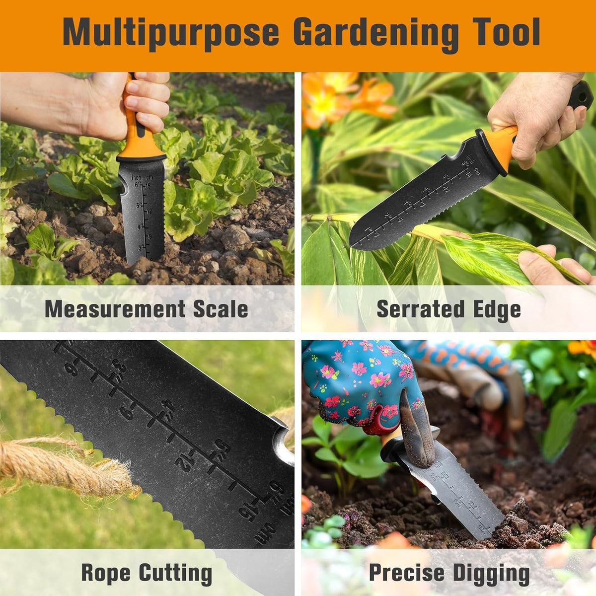 Garden Knife with Sheath, Gardening Tool, Stainless Steel Multi-Purpose Garden Supplies, Ergonomic Handle Hori Hori Knife for Digging, Weeding and Gardening, 7" Stainless Steel Blade, Father's Day Gift