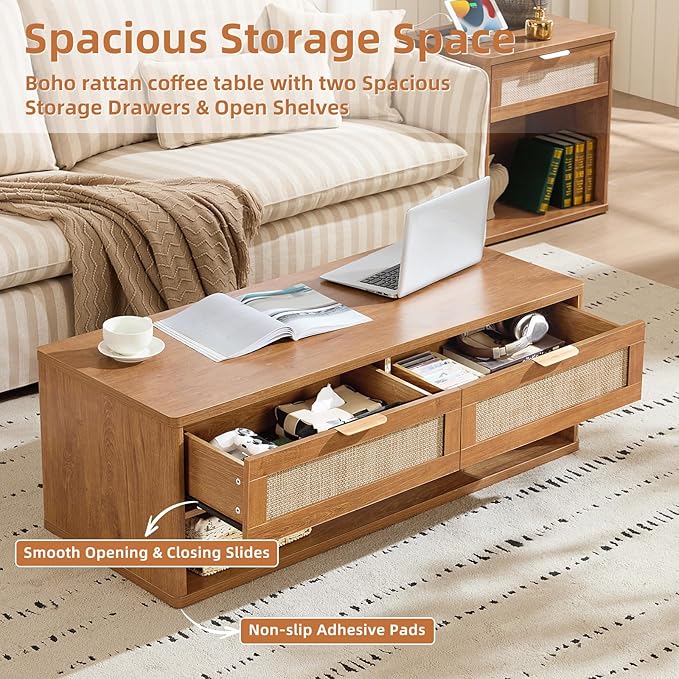 LEYAOYAO 48" Farmhouse Boho Rattan Coffee Table with 2 Woven Drawers,Rectangular Coffee Tables with Hidden Storage Compartment,Curved Profile Design,Wooden Center Table for Living Room,Office,Brown