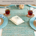 Chardin home Natural Jute Table Runner 13x108 Inch – Vintage Boho Rustic Table Decor – Handwoven Long Table Runner in Natural Jute and Aqua Turquoise – Farmhouse Dining or Console Table Accent