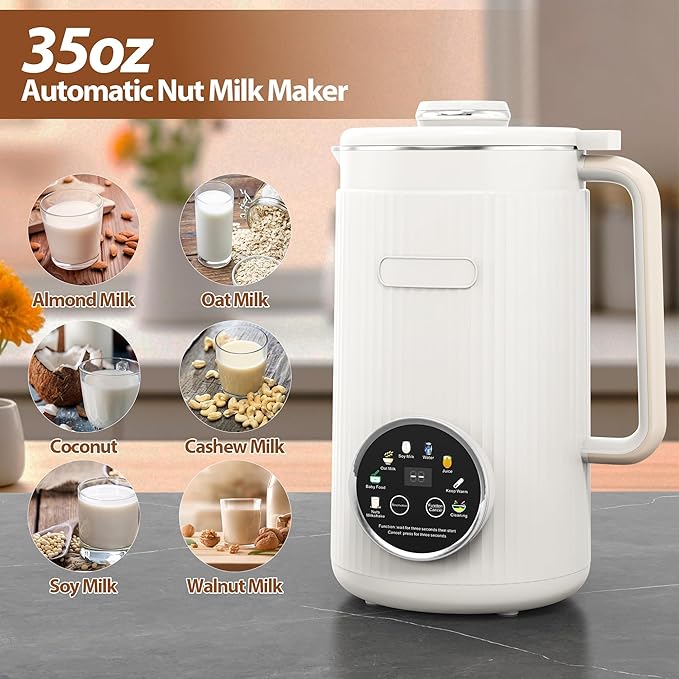 Nut Milk Maker Machine - 8 in 1 Soy Milk Maker Machine 35oz with Self-Cleaning, 18H Delay Start & 4H Keep Warm, Automatic Plant-Based Milk Blender for Almond, Oat, Coconut, Soybean - White