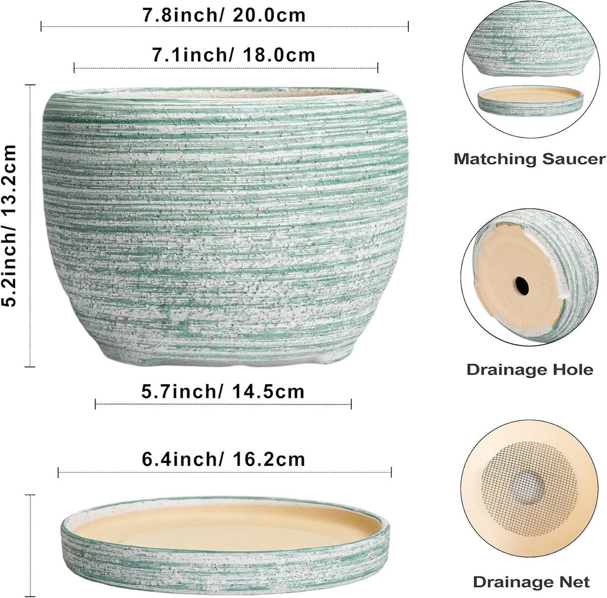 SQOWL Ceramic Planters for Indoor Plants - 8 inch Plant Pot Outdoor, Ceramic Flower Pot with Drainage Hole and Saucer, Round Modern Planter, Living Room Apartment Decor, Birthday Gifts, Green